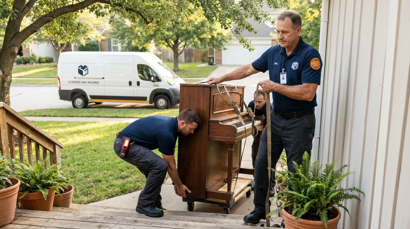Licensed piano movers securing grand piano in Gladwin, MI