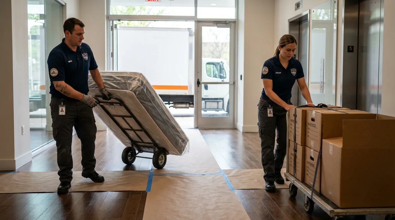 Professional apartment movers loading elevator in Gladwin, MI